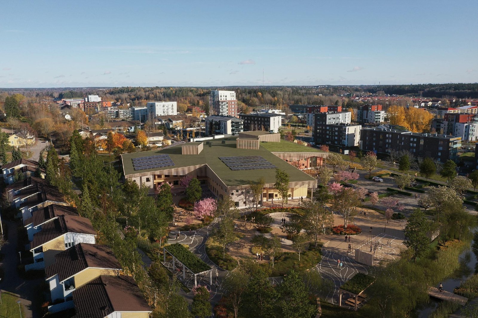 SRV:n Nissniku-monitoimijatalo Masalassa, Kirkkonummella. Visualisointi: SRV.